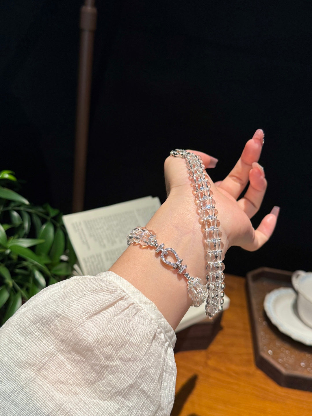 Clear Quartz Crystal Bracelet with Silver-Tone Rhinestone Clasp