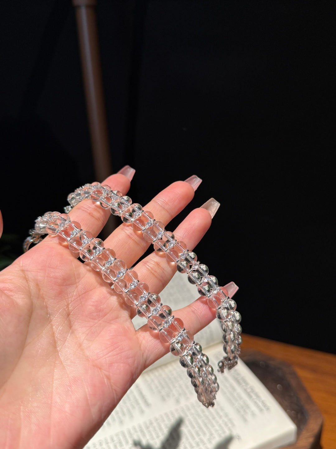Clear Quartz Crystal Bracelet with Silver-Tone Rhinestone Clasp