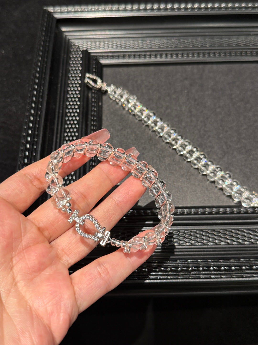 Clear Quartz Crystal Bracelet with Silver-Tone Rhinestone Clasp