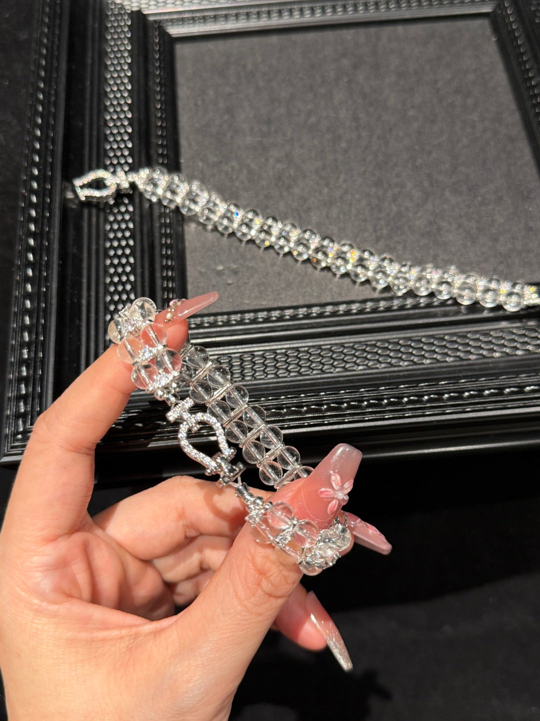 Clear Quartz Crystal Bracelet with Silver-Tone Rhinestone Clasp