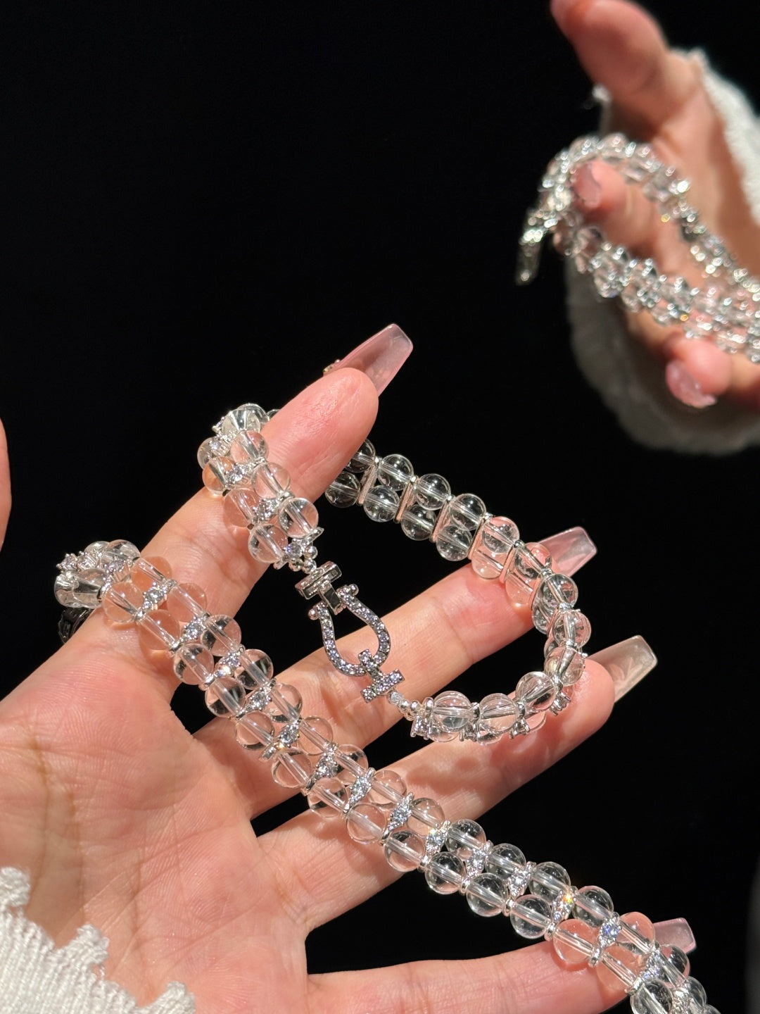 Clear Quartz Crystal Bracelet with Silver-Tone Rhinestone Clasp