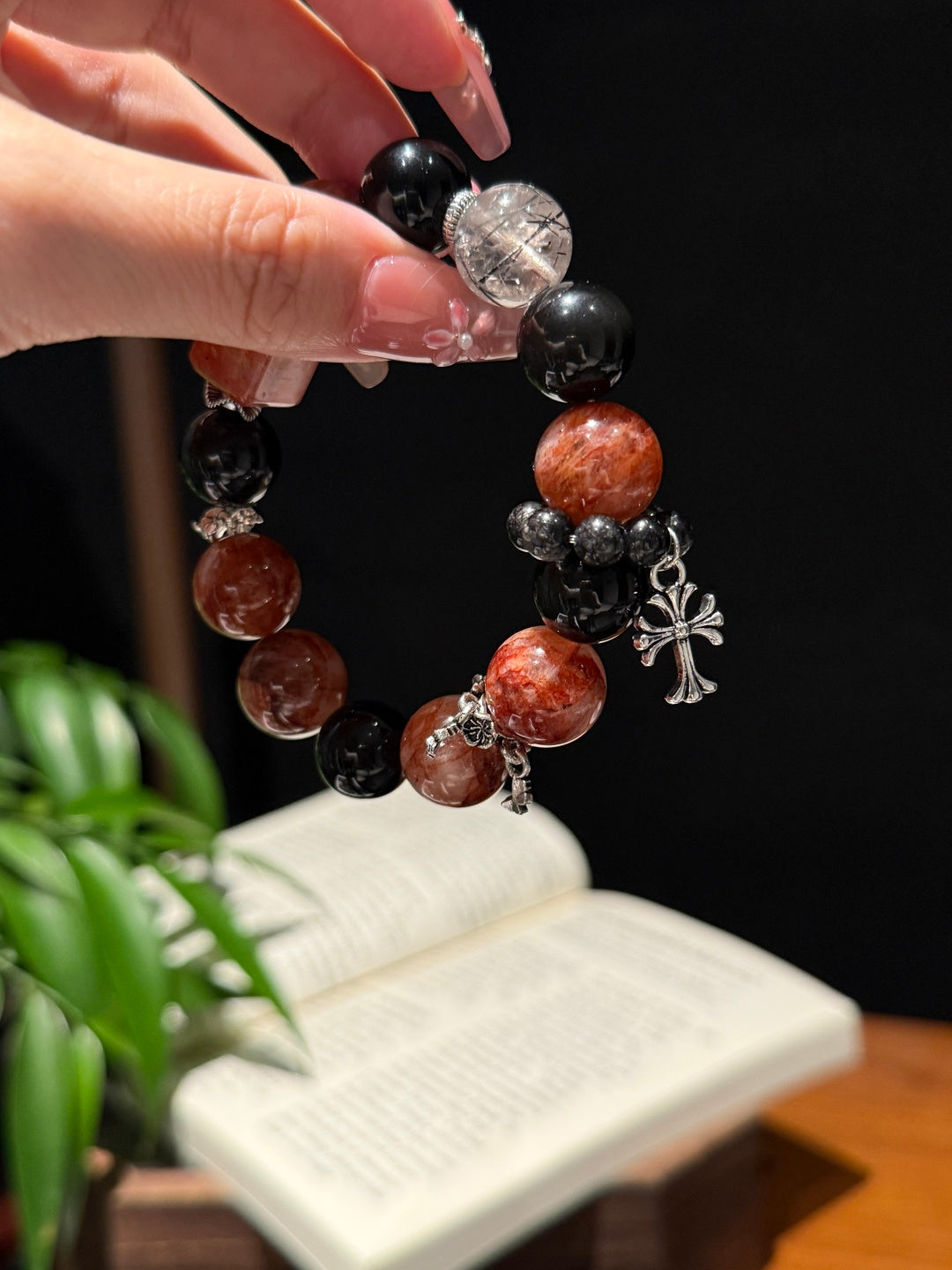 Red & Black Crystal Beaded Bracelet with Cross Charm – Bold Energy & Protection