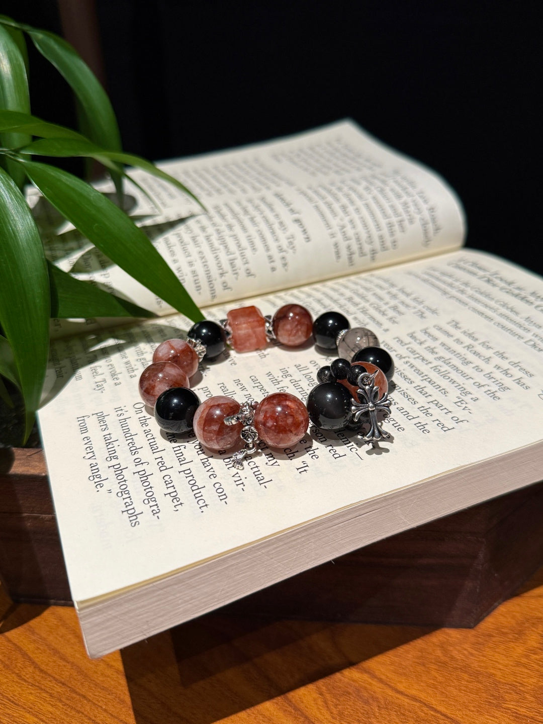 Red & Black Crystal Beaded Bracelet with Cross Charm – Bold Energy & Protection