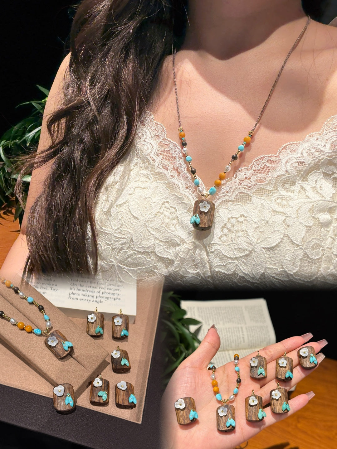 Amber & Turquoise Pendant Necklace with Agarwood – Nature-Inspired Jewelry