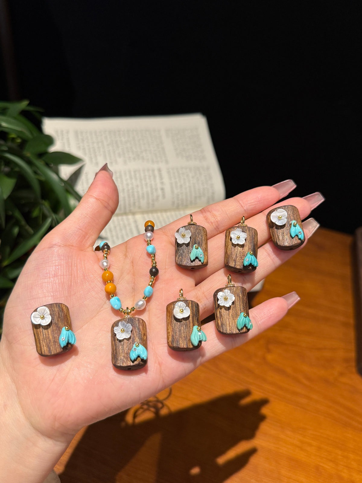 Amber & Turquoise Pendant Necklace with Agarwood – Nature-Inspired Jewelry