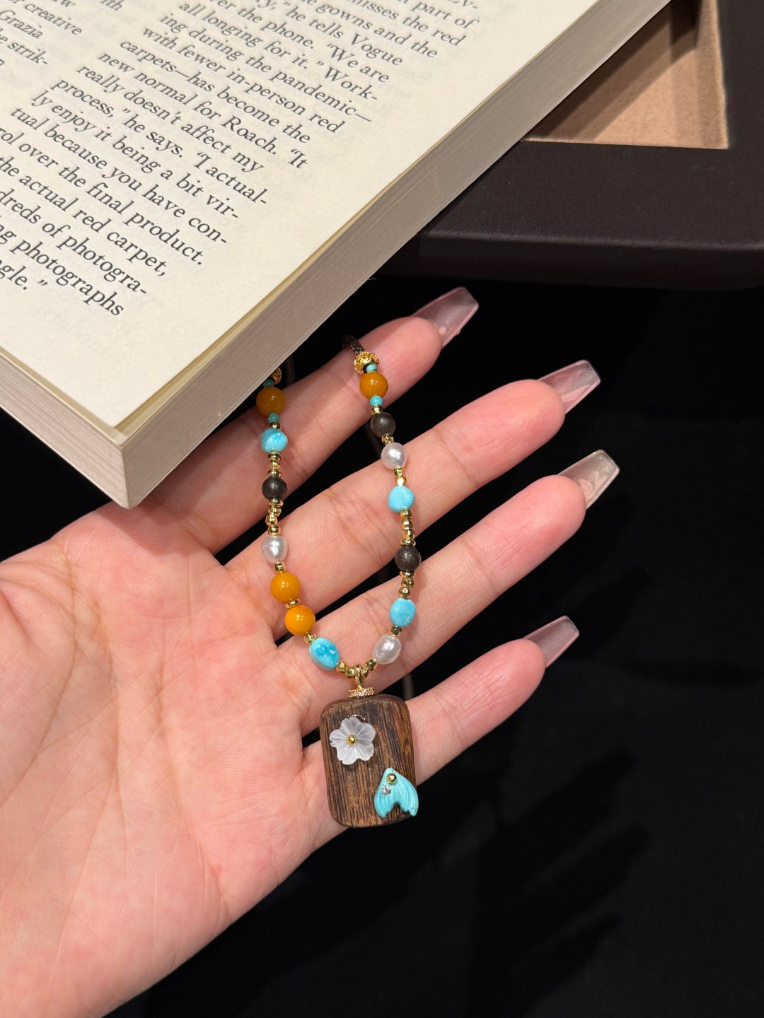 Amber & Turquoise Pendant Necklace with Agarwood – Nature-Inspired Jewelry
