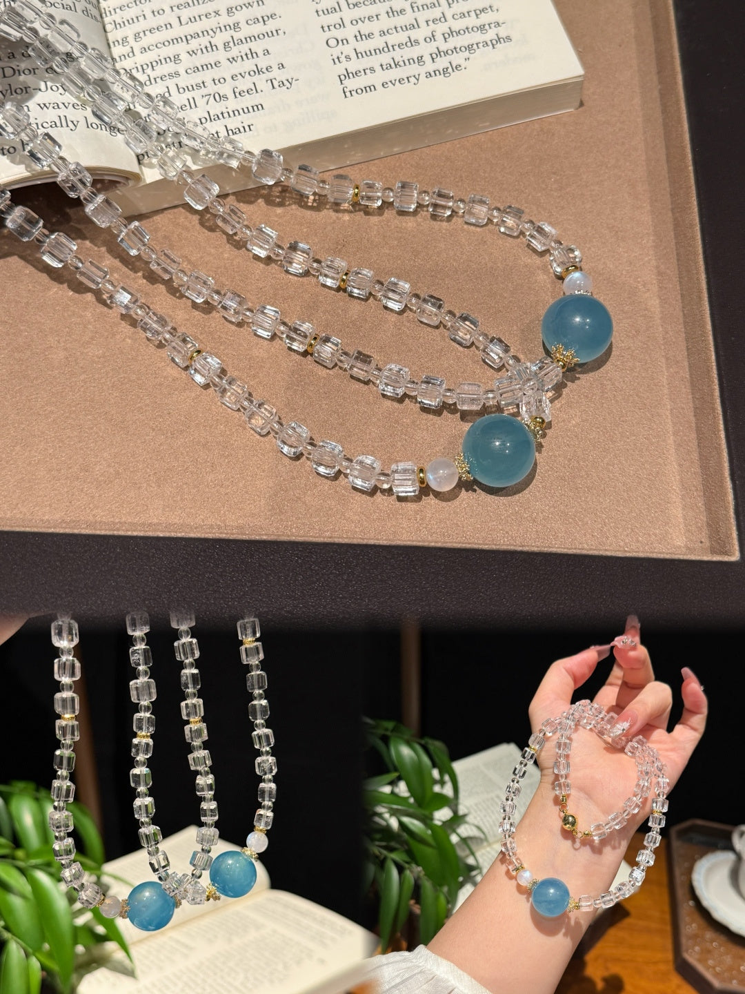 Clear Quartz Cube & Aquamarine Beaded Necklace — A Wish for Clarity and Calm