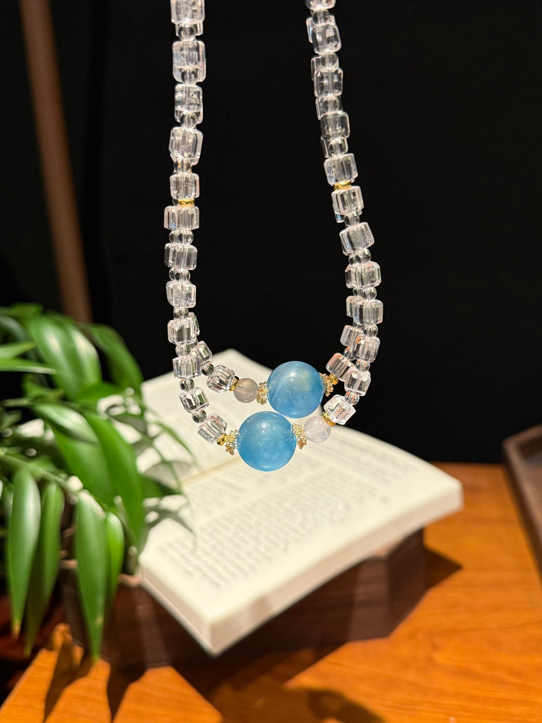 Clear Quartz Cube & Aquamarine Beaded Necklace — A Wish for Clarity and Calm