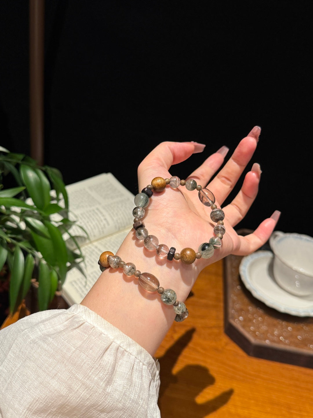 Green Phantom Quartz & Agarwood Beaded Bracelet with Green Hair Quartz and Tea Crystal