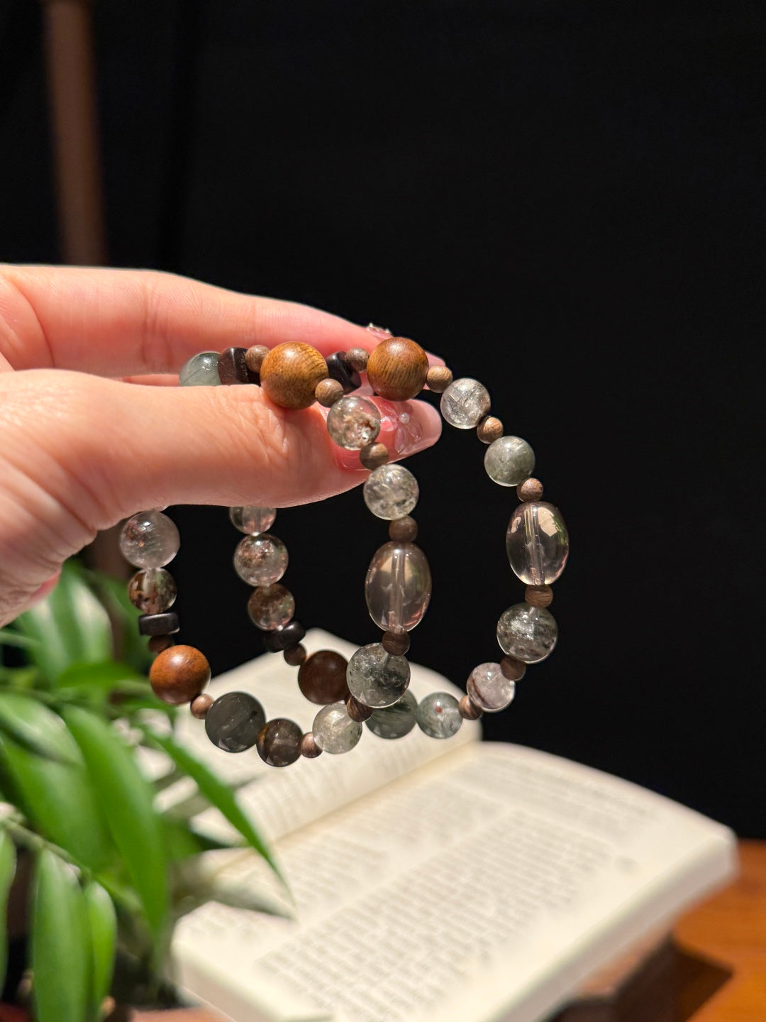 Green Phantom Quartz & Agarwood Beaded Bracelet with Green Hair Quartz and Tea Crystal