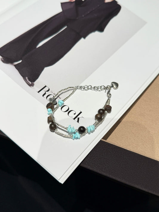 Agarwood & Turquoise Double-Layer Bracelet with Stainless Steel Chain — A Wish for Harmony and Grounding