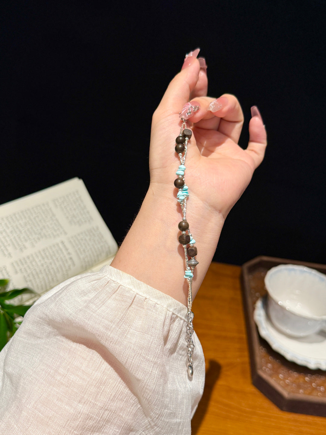 Agarwood & Turquoise Double-Layer Bracelet with Stainless Steel Chain — A Wish for Harmony and Grounding