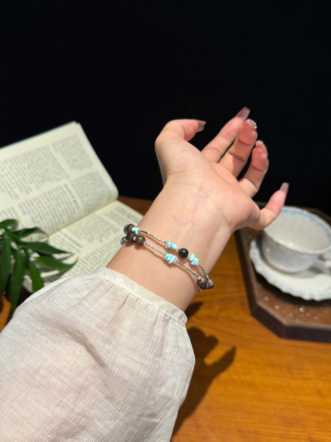Agarwood & Turquoise Double-Layer Bracelet with Stainless Steel Chain — A Wish for Harmony and Grounding