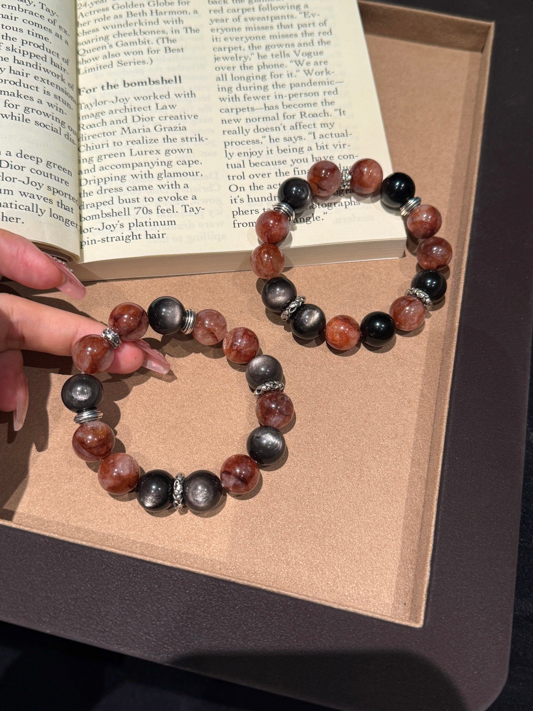 Red Hematoid Quartz & Silver Obsidian Beaded Bracelet — A Wish for Vitality and Protection