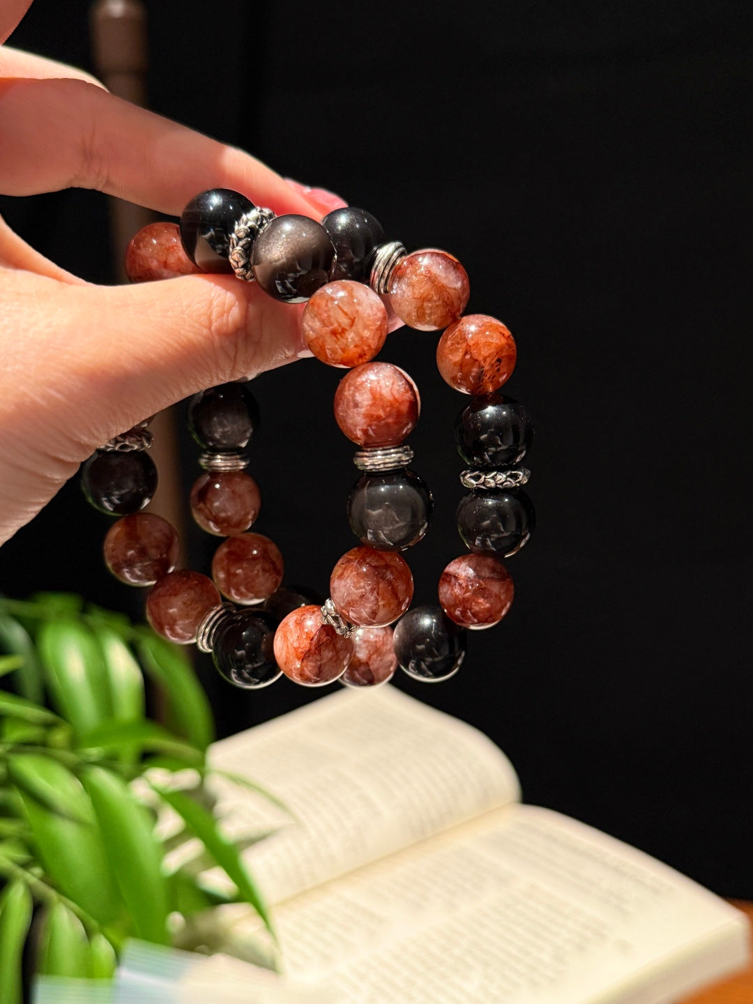 Red Hematoid Quartz & Silver Obsidian Beaded Bracelet — A Wish for Vitality and Protection