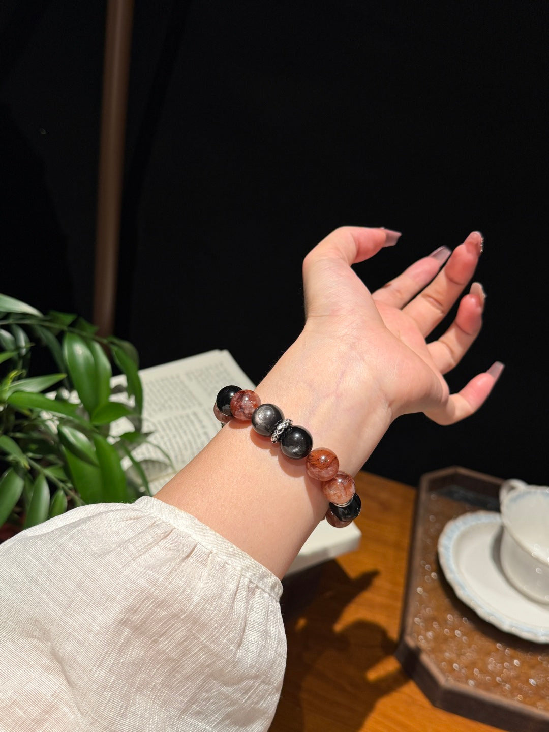 Red Hematoid Quartz & Silver Obsidian Beaded Bracelet — A Wish for Vitality and Protection