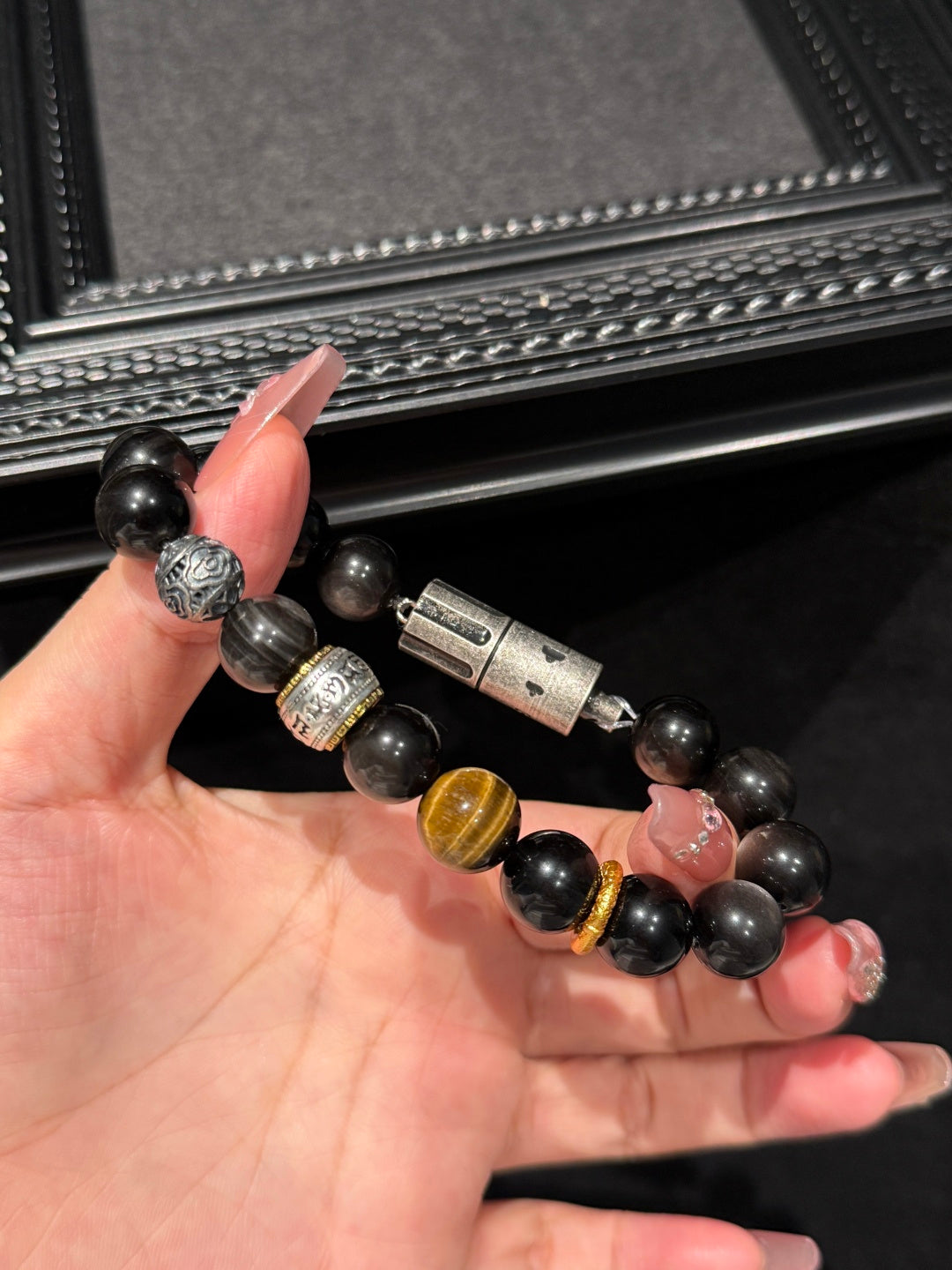 Silver Obsidian & Tiger's Eye Beaded Bracelet with Hidden Lighter — A Wish for Power and Good Fortune