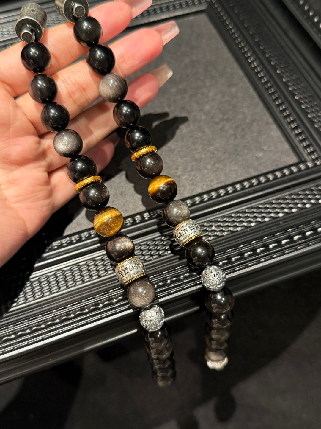 Silver Obsidian & Tiger's Eye Beaded Bracelet with Hidden Lighter — A Wish for Power and Good Fortune