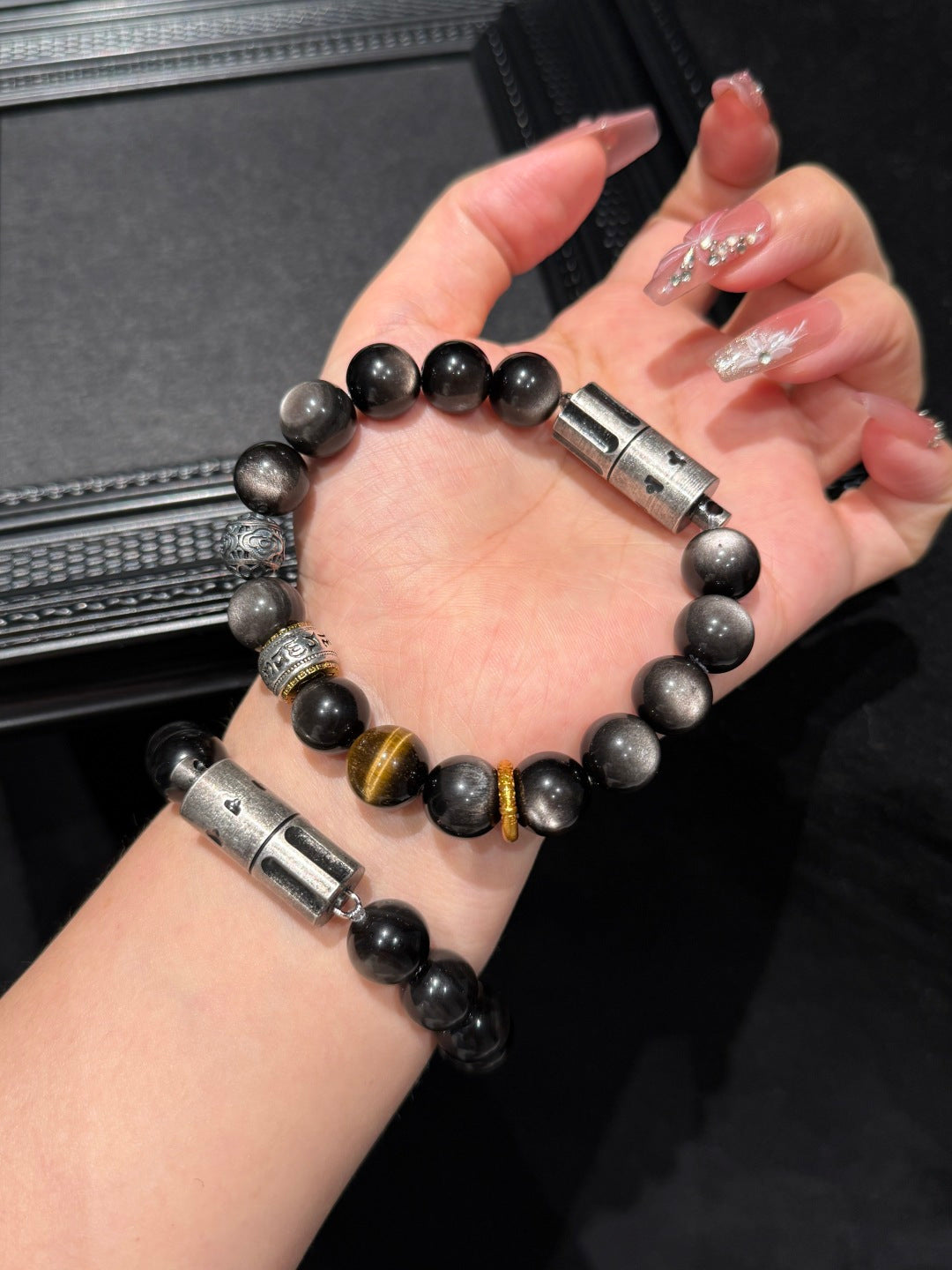 Silver Obsidian & Tiger's Eye Beaded Bracelet with Hidden Lighter — A Wish for Power and Good Fortune