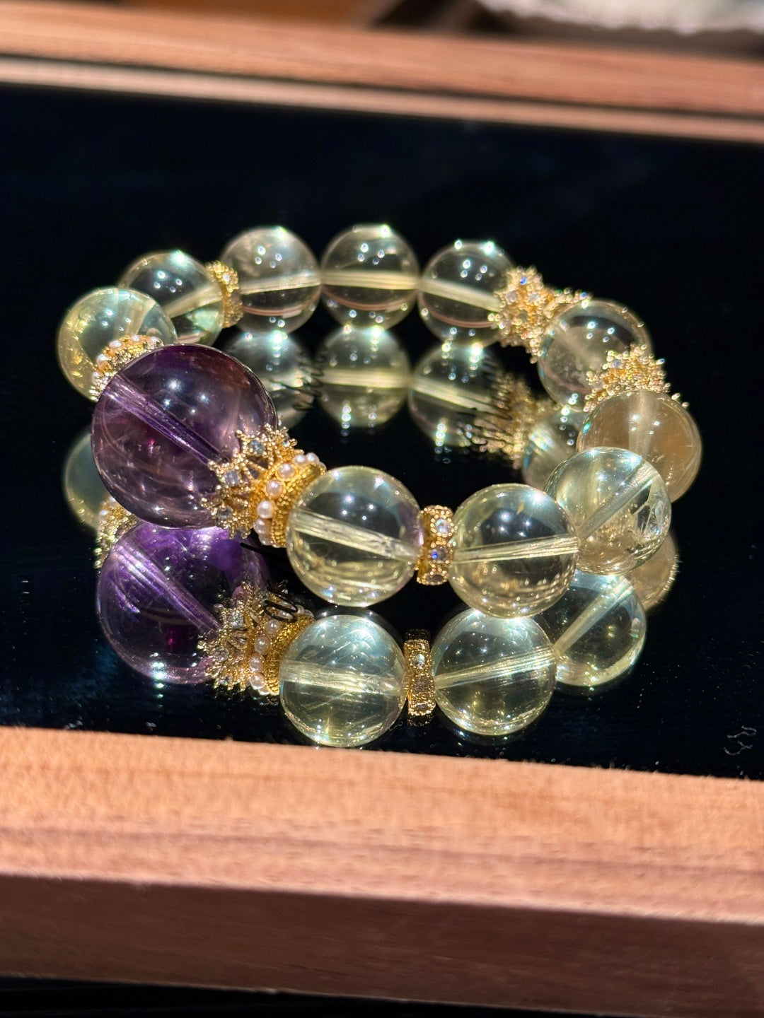 Citrine & Amethyst Beaded Bracelet with Gold Accents — A Wish for Wealth and Nobility