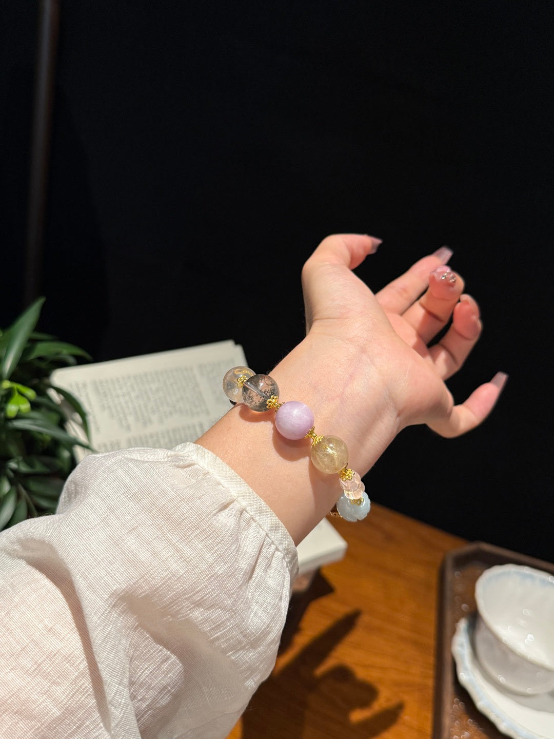 Multi-Gemstone Beaded Bracelet with Black Gold Super Seven & Jade — A Wish for All-Around Fortune