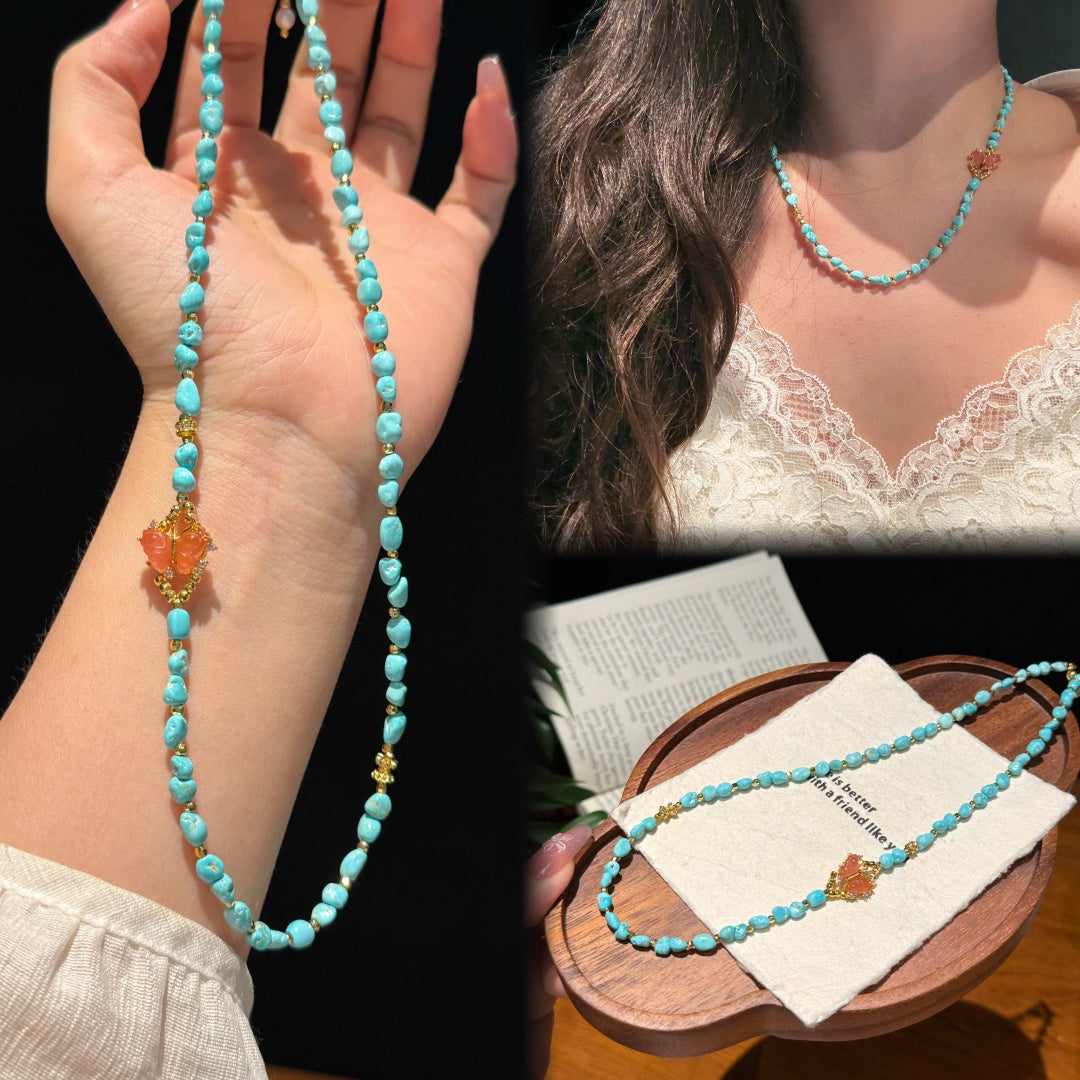 Natural Turquoise Beaded Necklace with South Red Agate Butterfly Charm — A Wish for Health and Beautiful Encounters