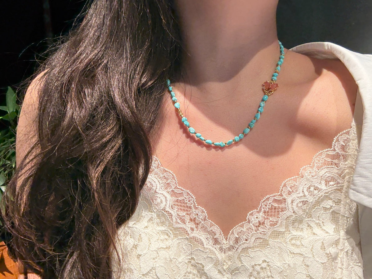 Natural Turquoise Beaded Necklace with South Red Agate Butterfly Charm — A Wish for Health and Beautiful Encounters