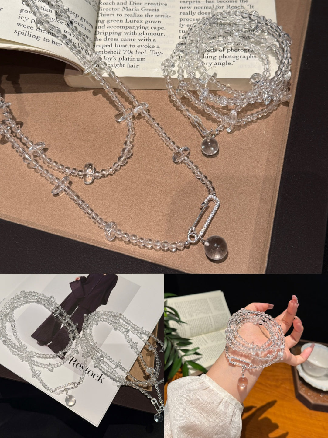 Clear Quartz Beaded Necklace with Pave Diamond Clasp and Bubble Charm — A Wish for Clarity and Peace