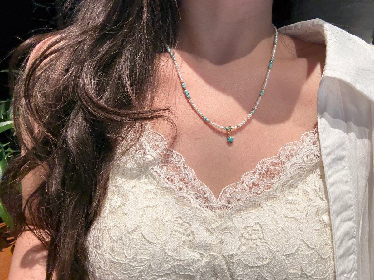 Fresh Turquoise & Pearl Beaded Necklace — A Wish for Peace and Gentle Elegance