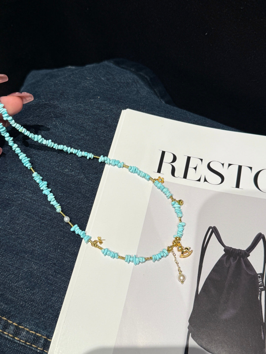 Natural Turquoise Heishi Beaded Necklace with Gold Rocking Horse Charm — A Wish for Pure Joy and Smooth Journeys