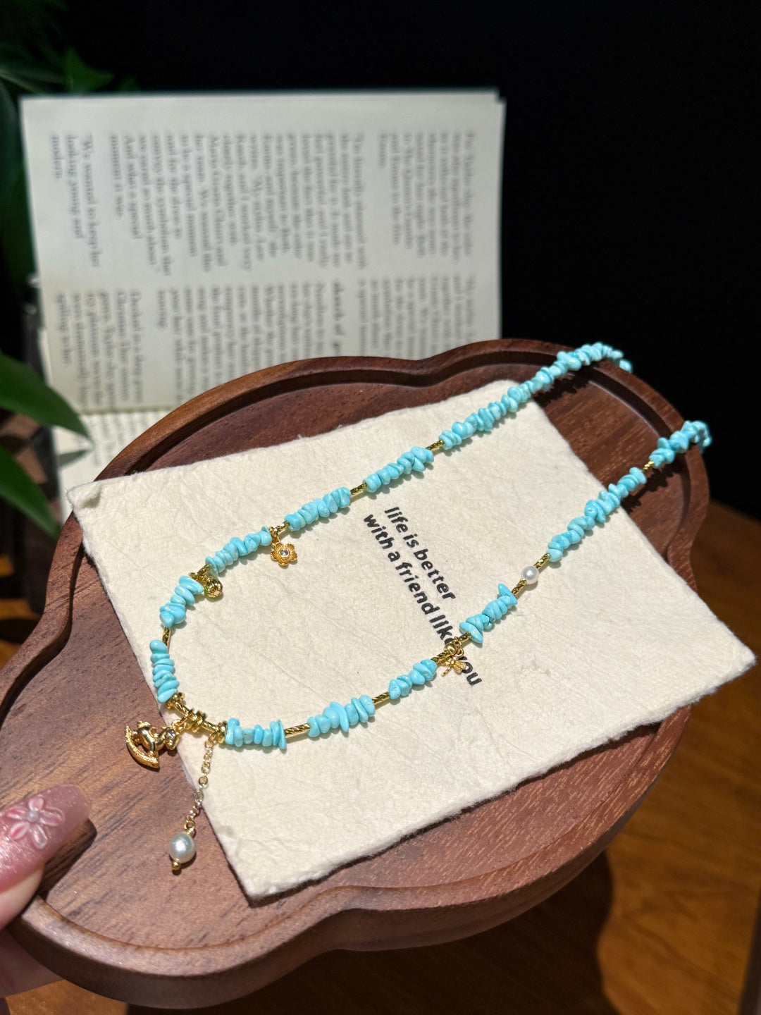Natural Turquoise Heishi Beaded Necklace with Gold Rocking Horse Charm — A Wish for Pure Joy and Smooth Journeys