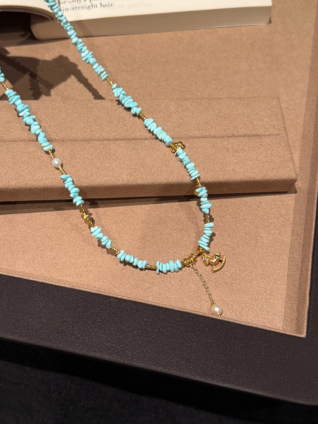 Natural Turquoise Heishi Beaded Necklace with Gold Rocking Horse Charm — A Wish for Pure Joy and Smooth Journeys