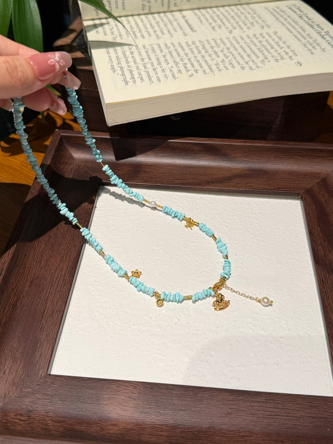Natural Turquoise Heishi Beaded Necklace with Gold Rocking Horse Charm — A Wish for Pure Joy and Smooth Journeys