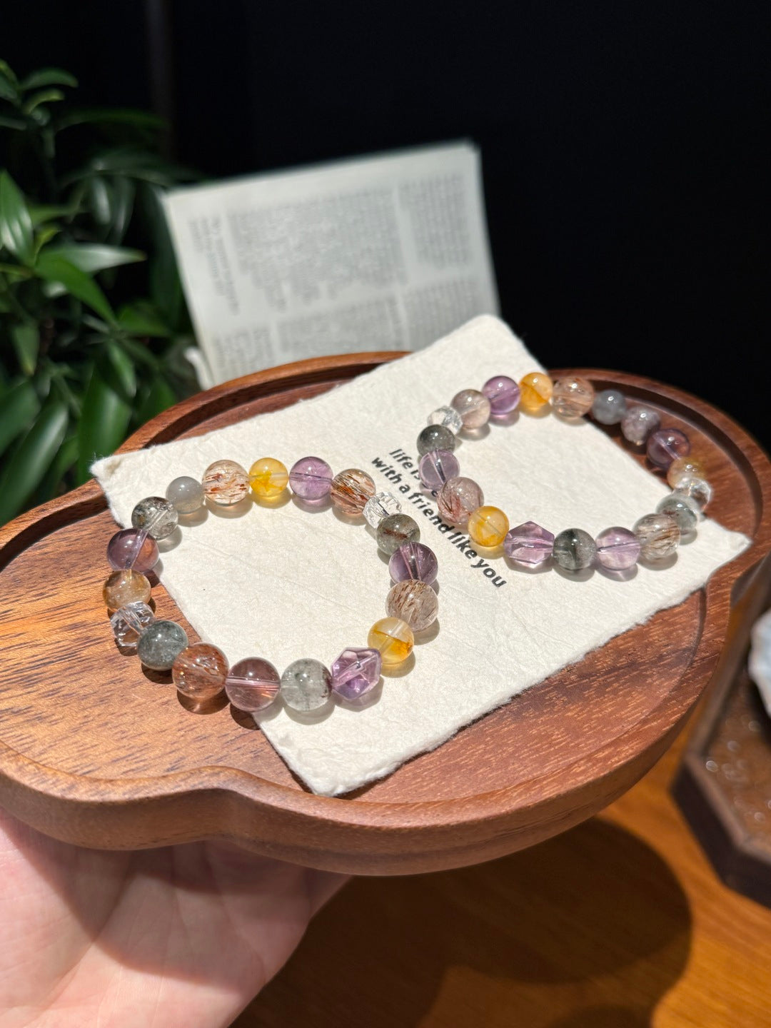 Multi-Gemstone Beaded Bracelet with Amethyst, Green Phantom Quartz & Black Gold Super Seven — A Wish for Harmony and Inner Peace