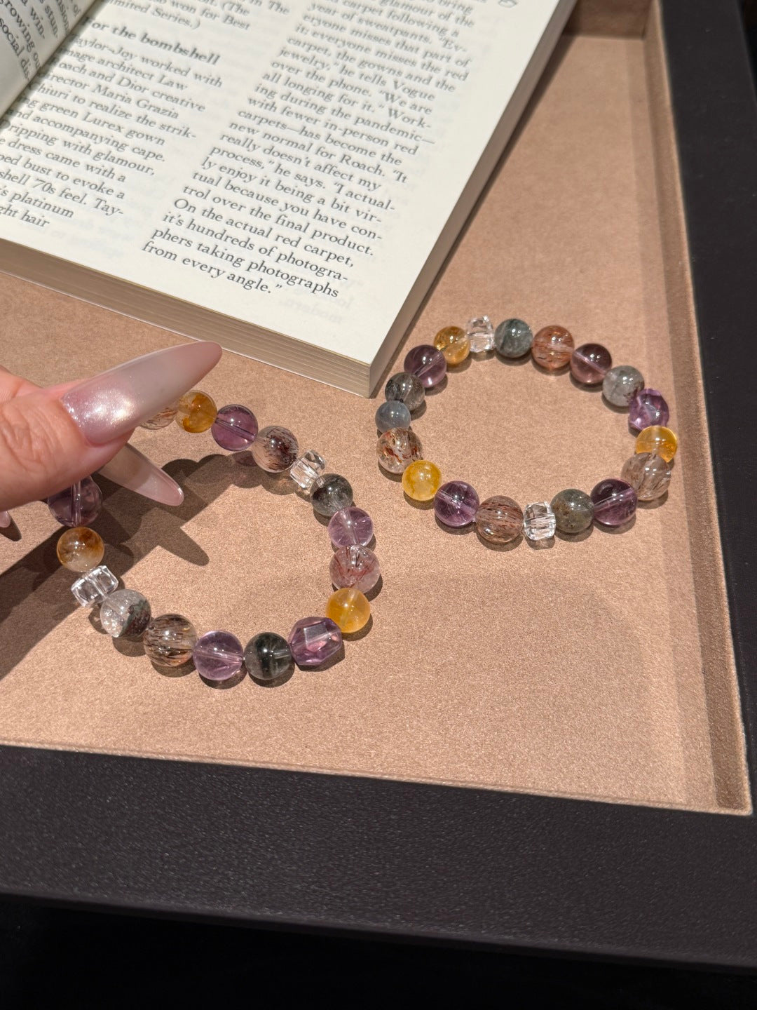 Multi-Gemstone Beaded Bracelet with Amethyst, Green Phantom Quartz & Black Gold Super Seven — A Wish for Harmony and Inner Peace