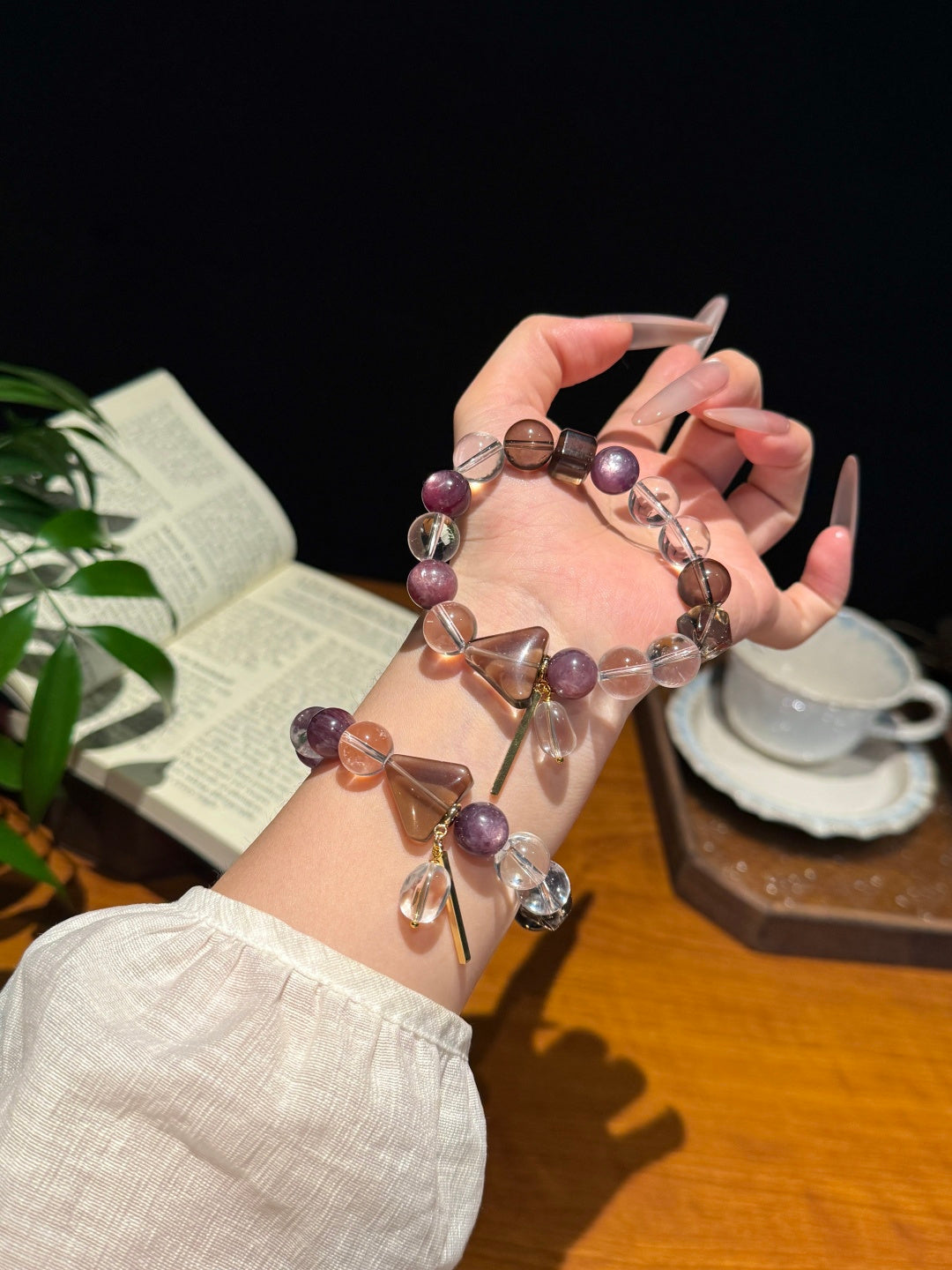 Clear Quartz, Lepidolite & Smoky Quartz Triangle Beaded Bracelet — A Wish for Inner Balance and Protection