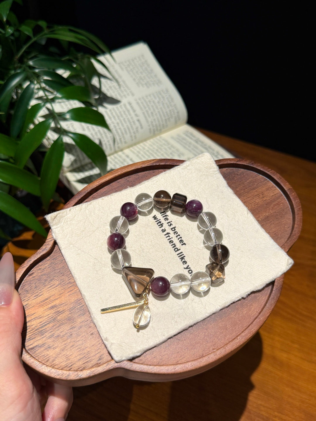 Clear Quartz, Lepidolite & Smoky Quartz Triangle Beaded Bracelet — A Wish for Inner Balance and Protection