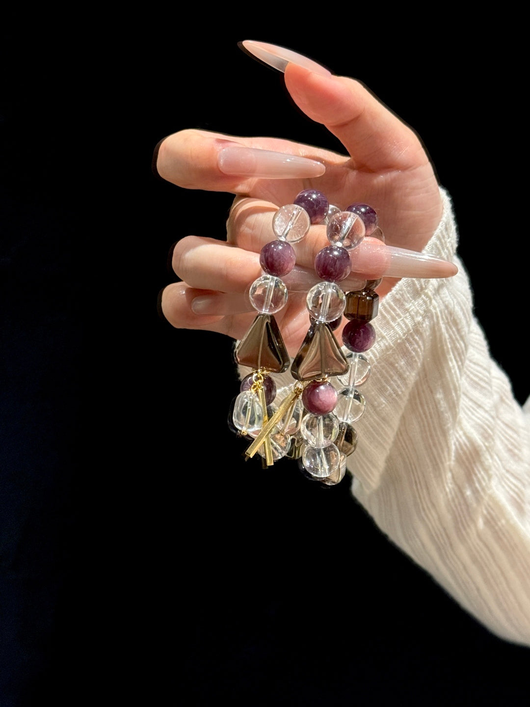 Clear Quartz, Lepidolite & Smoky Quartz Triangle Beaded Bracelet — A Wish for Inner Balance and Protection