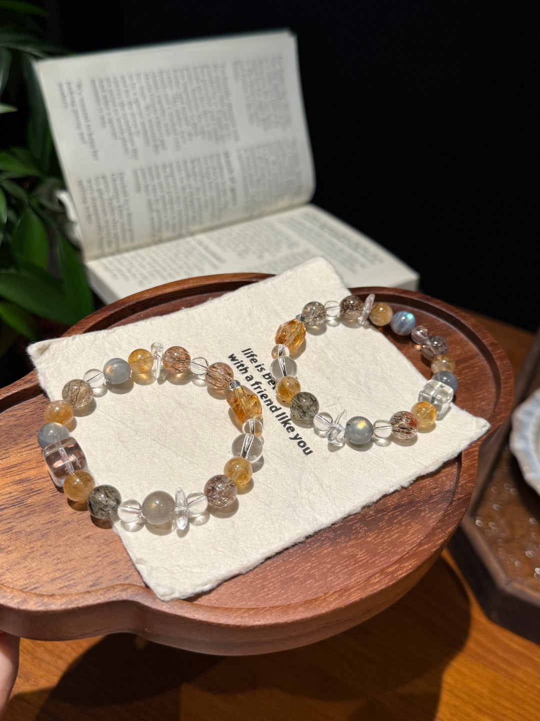 Yellow Tower Quartz, Black Gold Super Seven & Grey Moonstone Beaded Bracelet