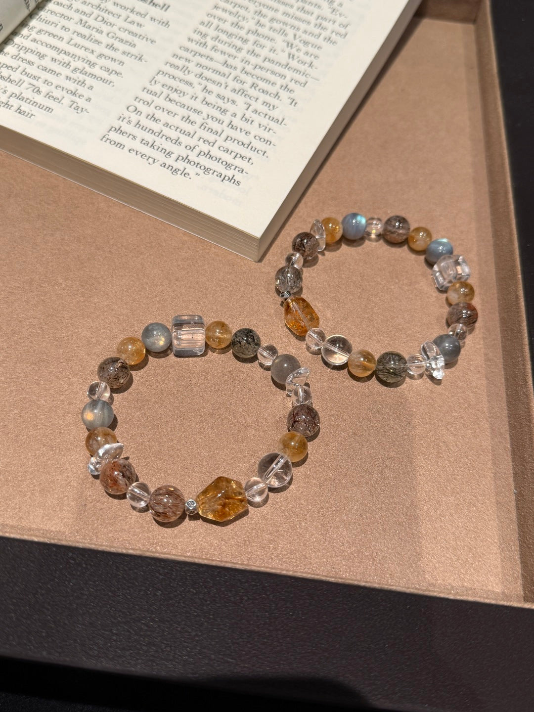 Yellow Tower Quartz, Black Gold Super Seven & Grey Moonstone Beaded Bracelet