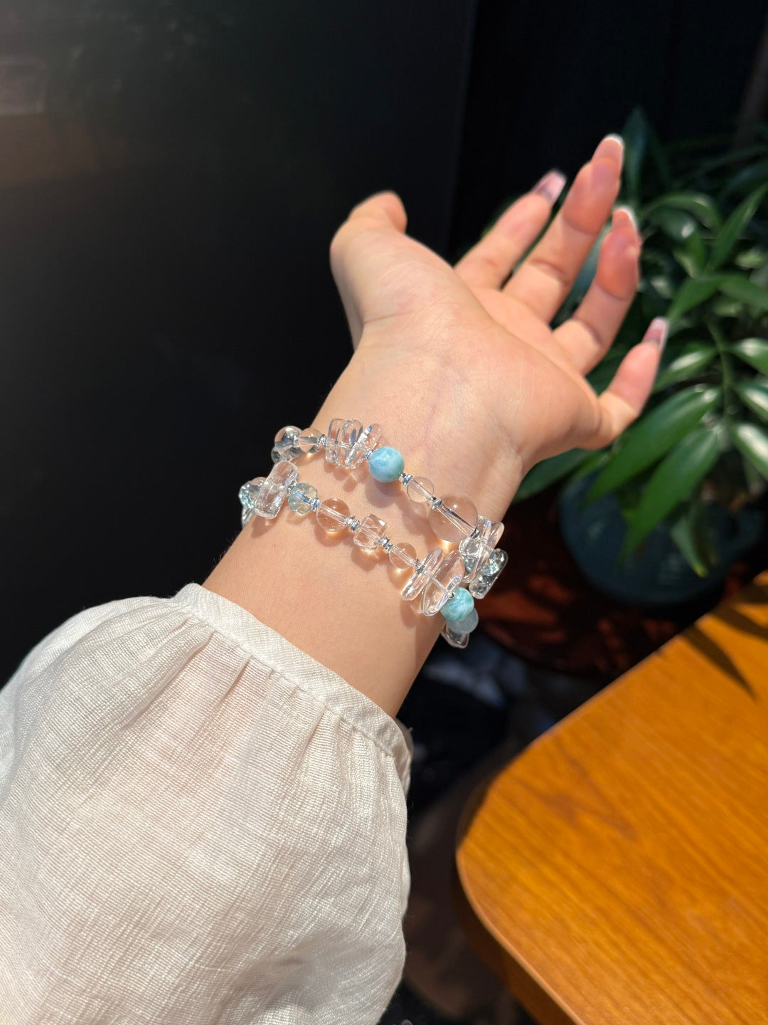 Ice-Cut Clear Quartz, Larimar & Blue Topaz Beaded Bracelet — A Wish for Calm and Emotional Balance