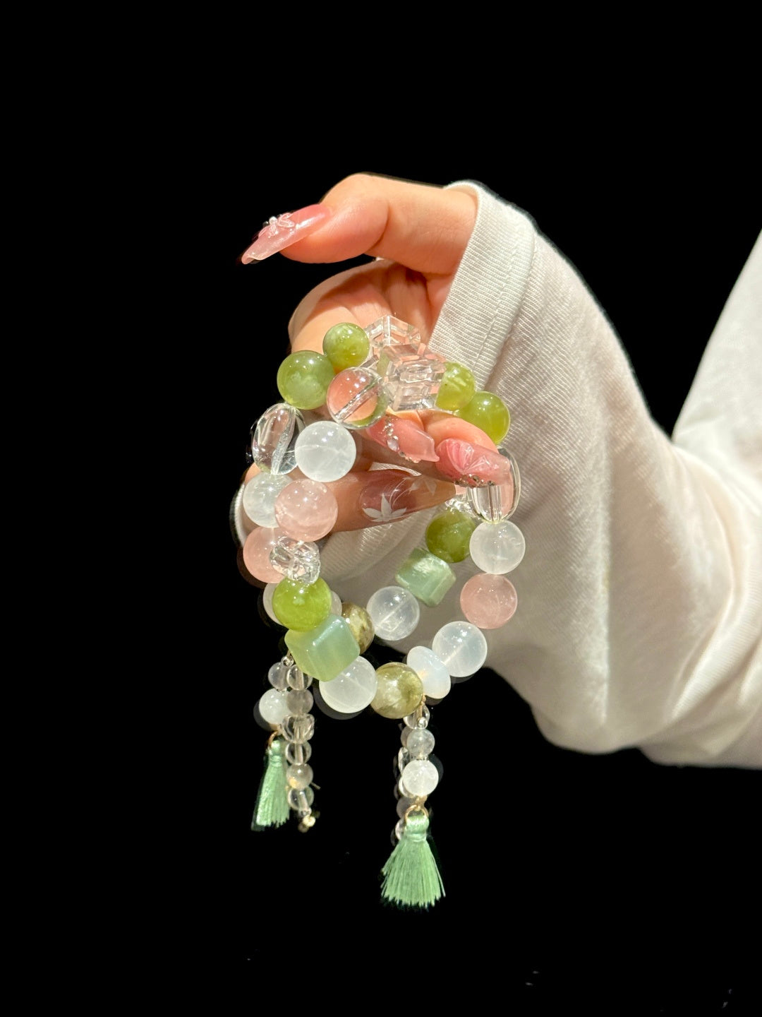 Multi-Gemstone Beaded Bracelet with Rose Quartz, Green Grape Jade & White Phantom Quartz — A Wish for Purity and Gentle Love