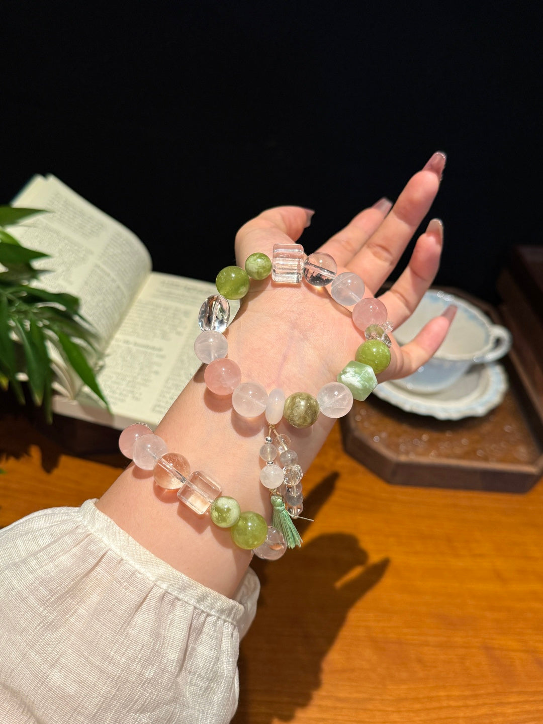 Multi-Gemstone Beaded Bracelet with Rose Quartz, Green Grape Jade & White Phantom Quartz — A Wish for Purity and Gentle Love