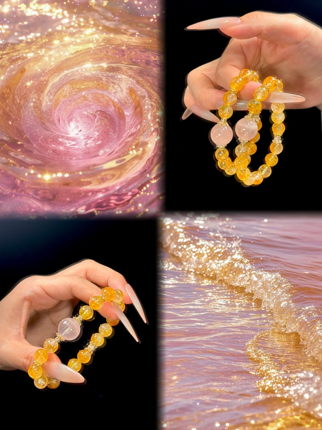 Yellow Hematoid Quartz & Rose Quartz Beaded Bracelet — A Wish for Golden Vitality and Gentle Love