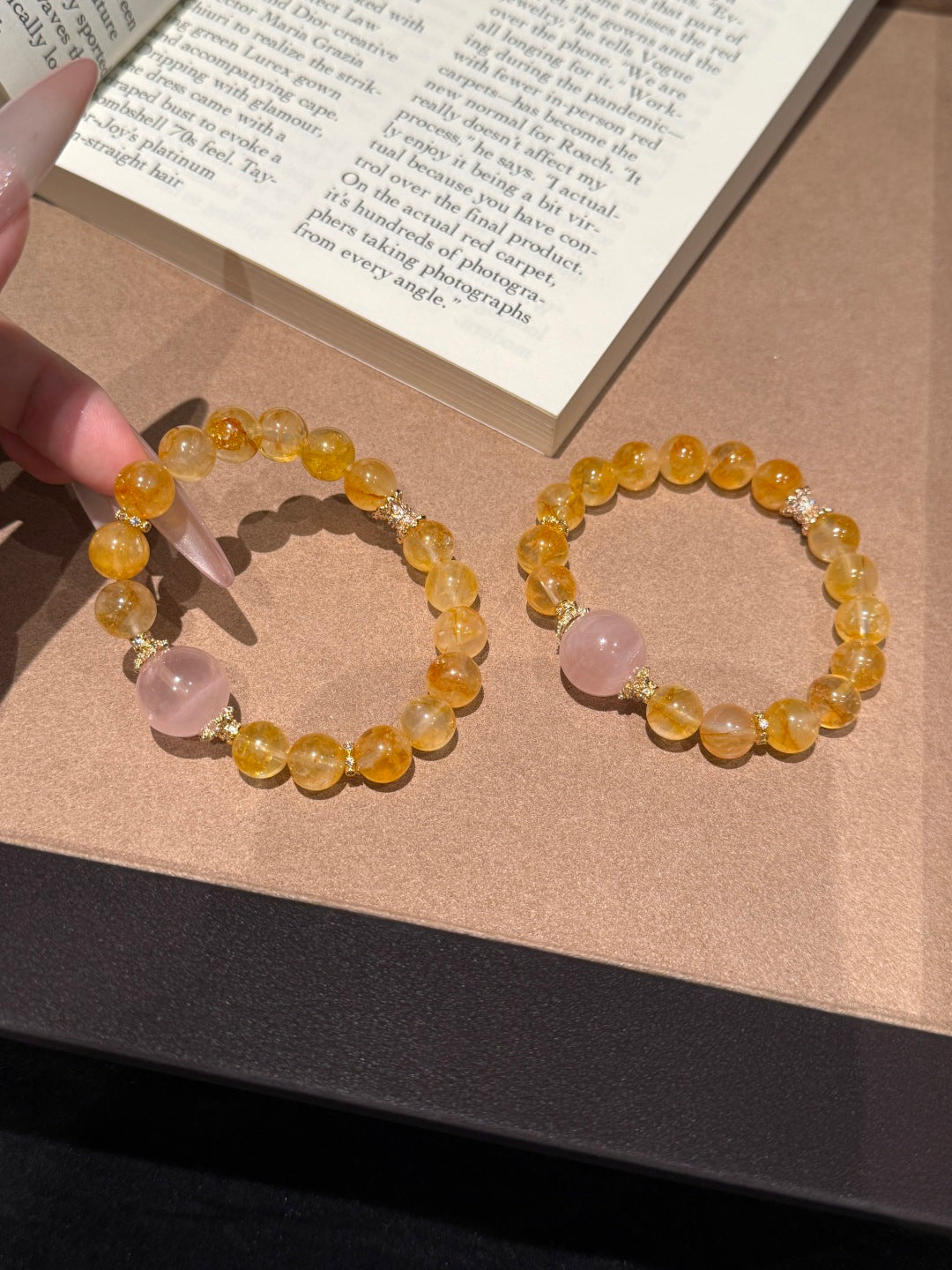 Yellow Hematoid Quartz & Rose Quartz Beaded Bracelet — A Wish for Golden Vitality and Gentle Love