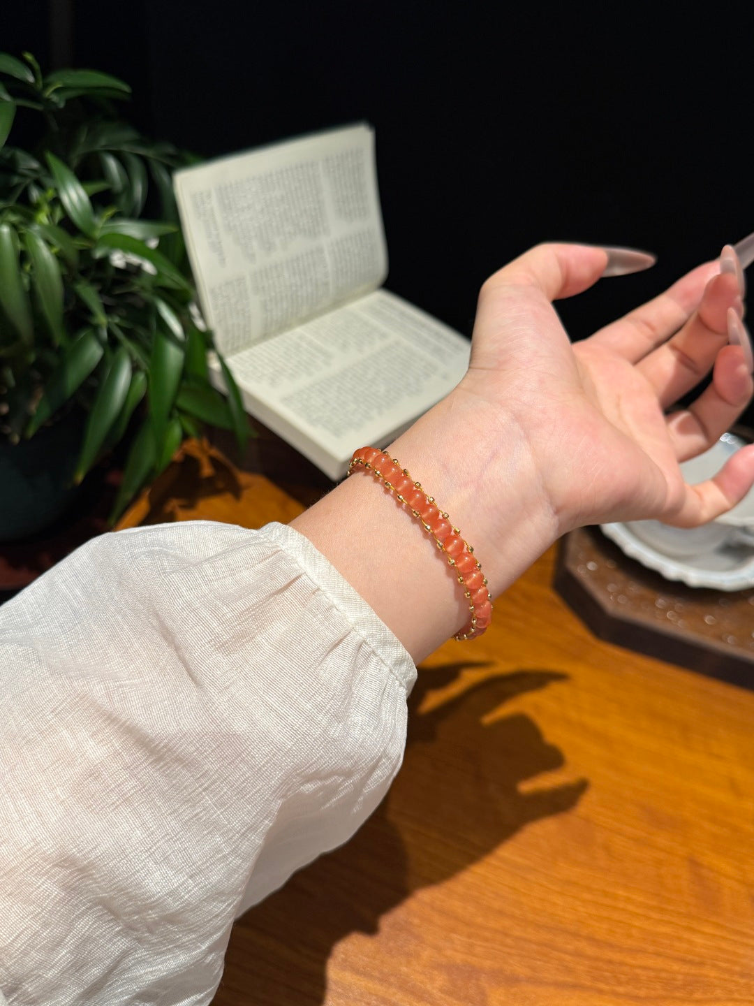 South Red Agate Beaded Bracelet with Gold Accents — A Wish for Good Fortune and Peace