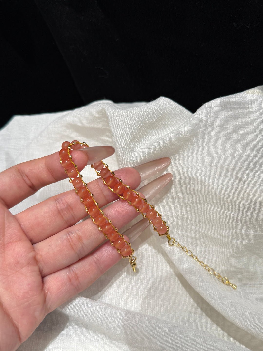South Red Agate Beaded Bracelet with Gold Accents — A Wish for Good Fortune and Peace