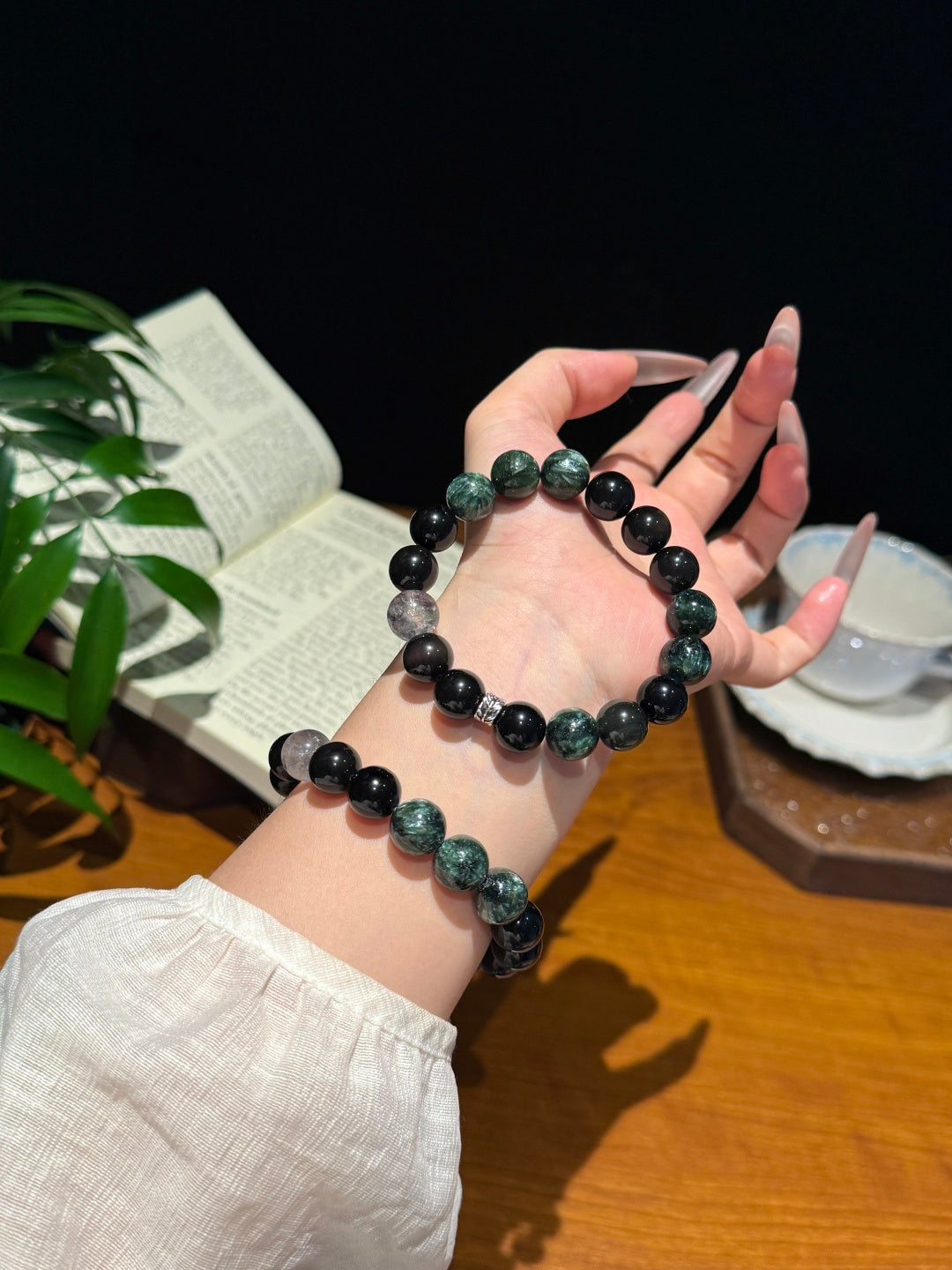 Black Obsidian, Seraphinite & Herkimer Diamond Beaded Bracelet — A Wish for Power and Protection