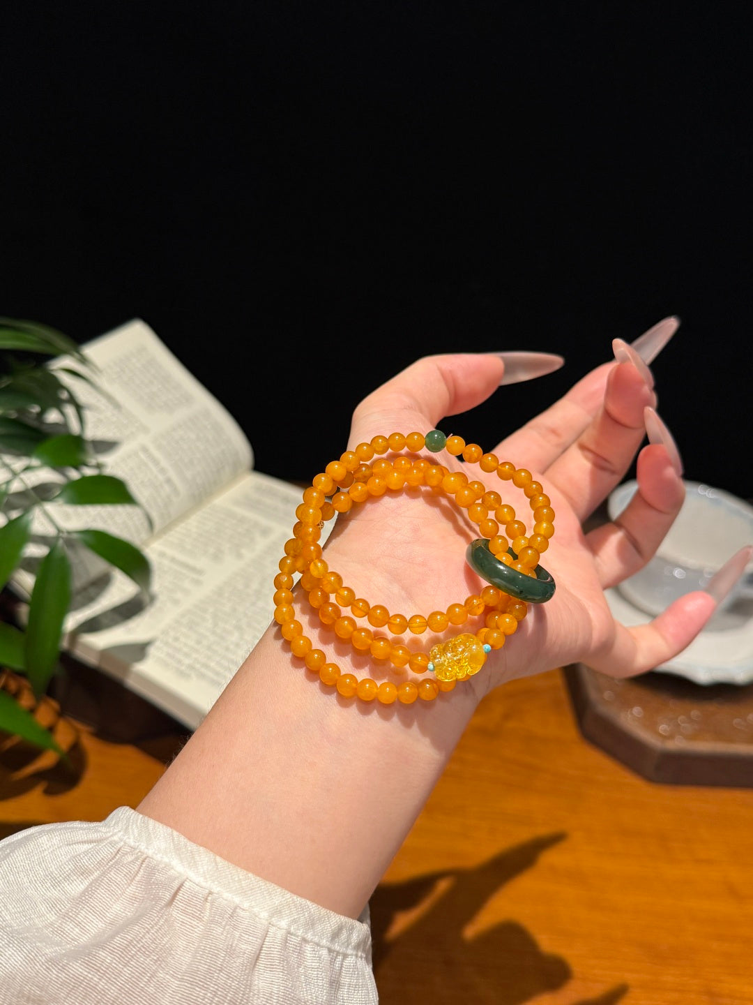 Vintage Amber Multi-Layer Bracelet with Pi Xiu Charm & Jade Ring — A Wish for Wealth and Timeless Grace