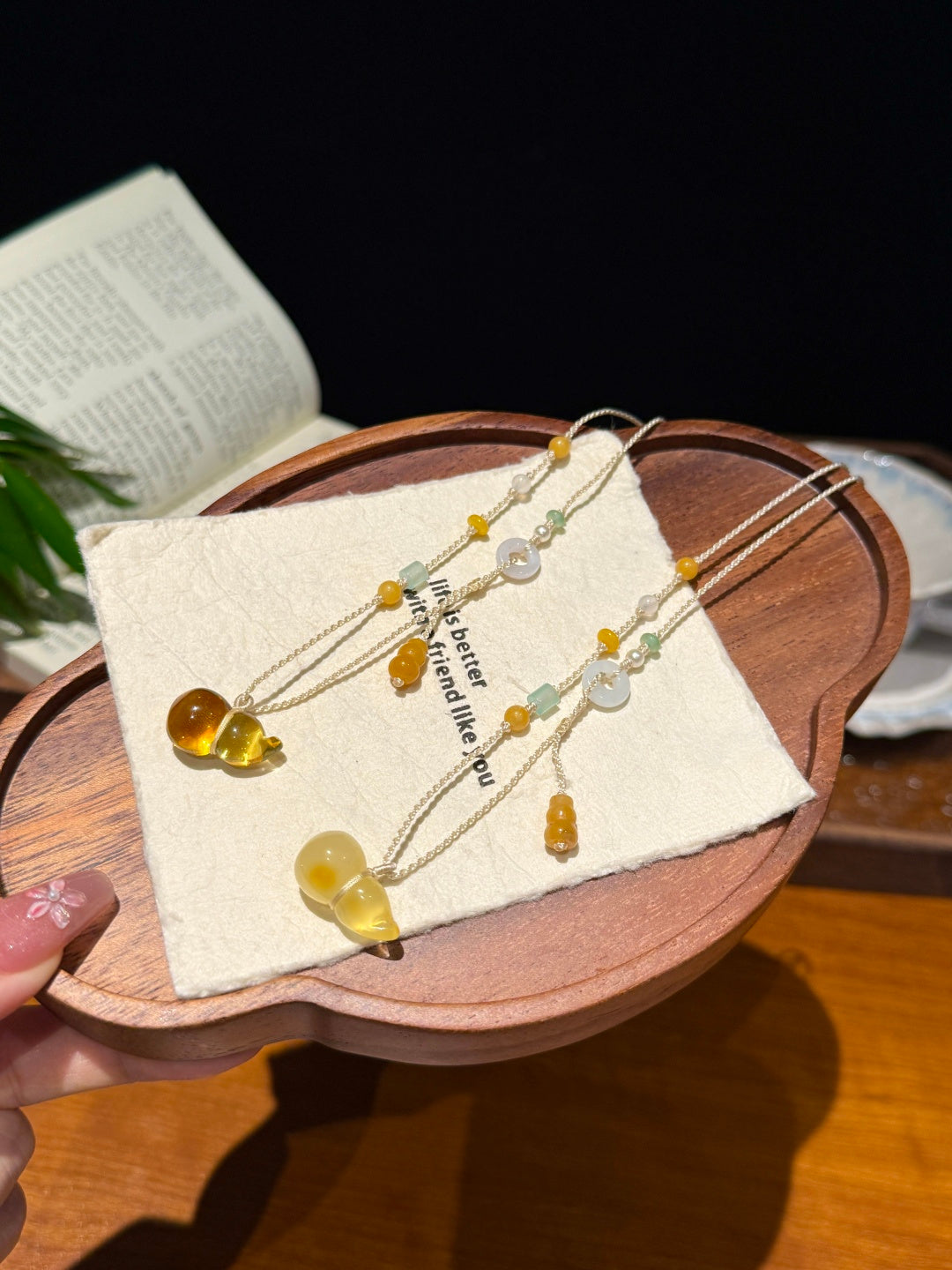 Vintage Amber & Jade Beaded Necklace with Safe Buckle Charm — A Wish for Peace and Timeless Blessings